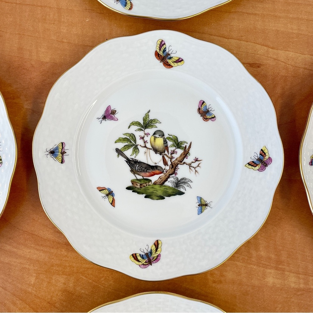 Vintage Herend 8 pieces, Rothschild Birds & Kitty Flowers Dessert/Salad Plates.